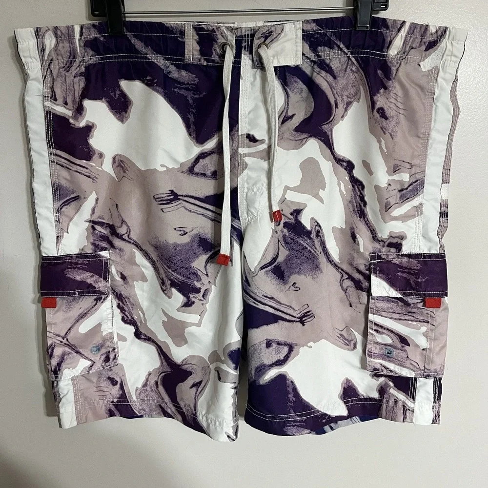 Sakkas Men's Purple‎ & White Lined Swim Trunks Board Shorts Size Large Beach
